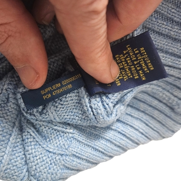 Polo | 100% Silk Tussah | Logo Embroidered Cable-Knit Sweater | Men's | Blue - Picture 9 of 9